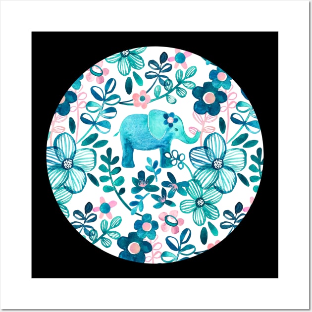 Dusty Pink, White and Teal Elephant and Floral Watercolor Pattern Wall Art by micklyn